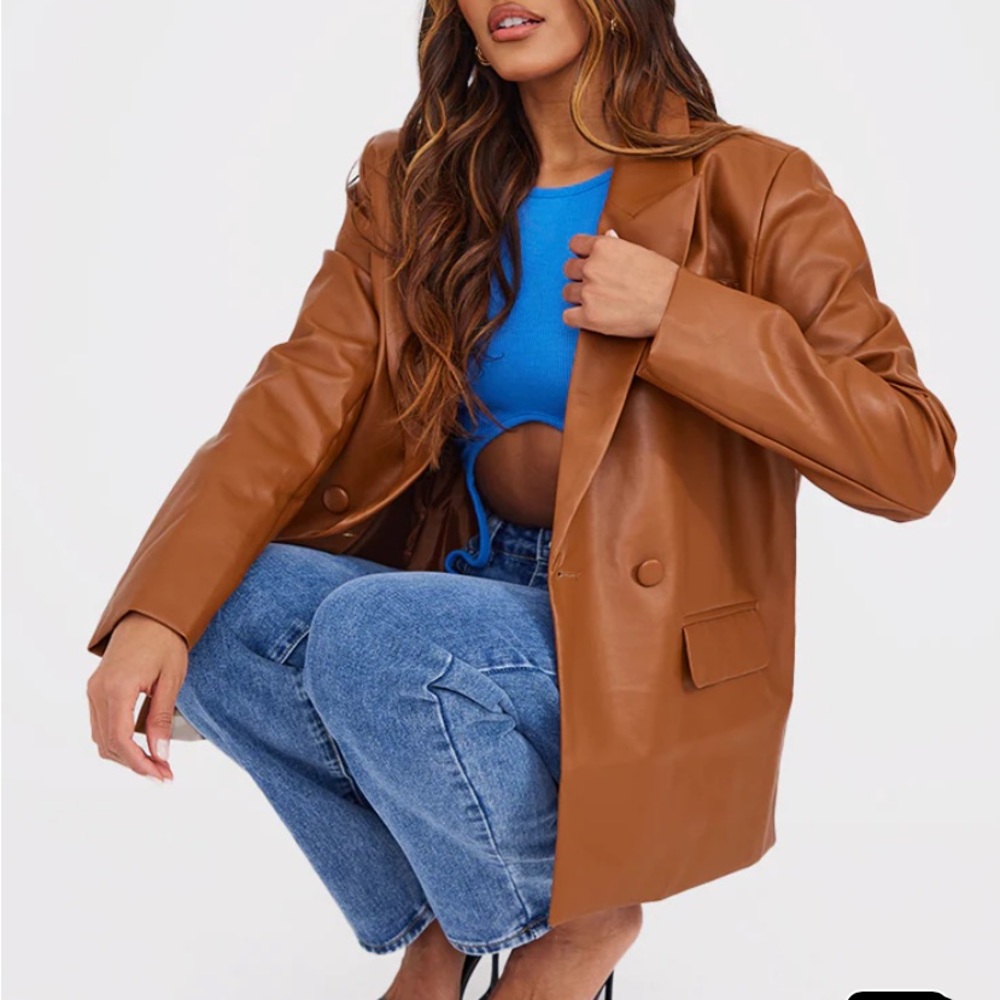 Prettylittlething cognac leather blazer oversize size 4